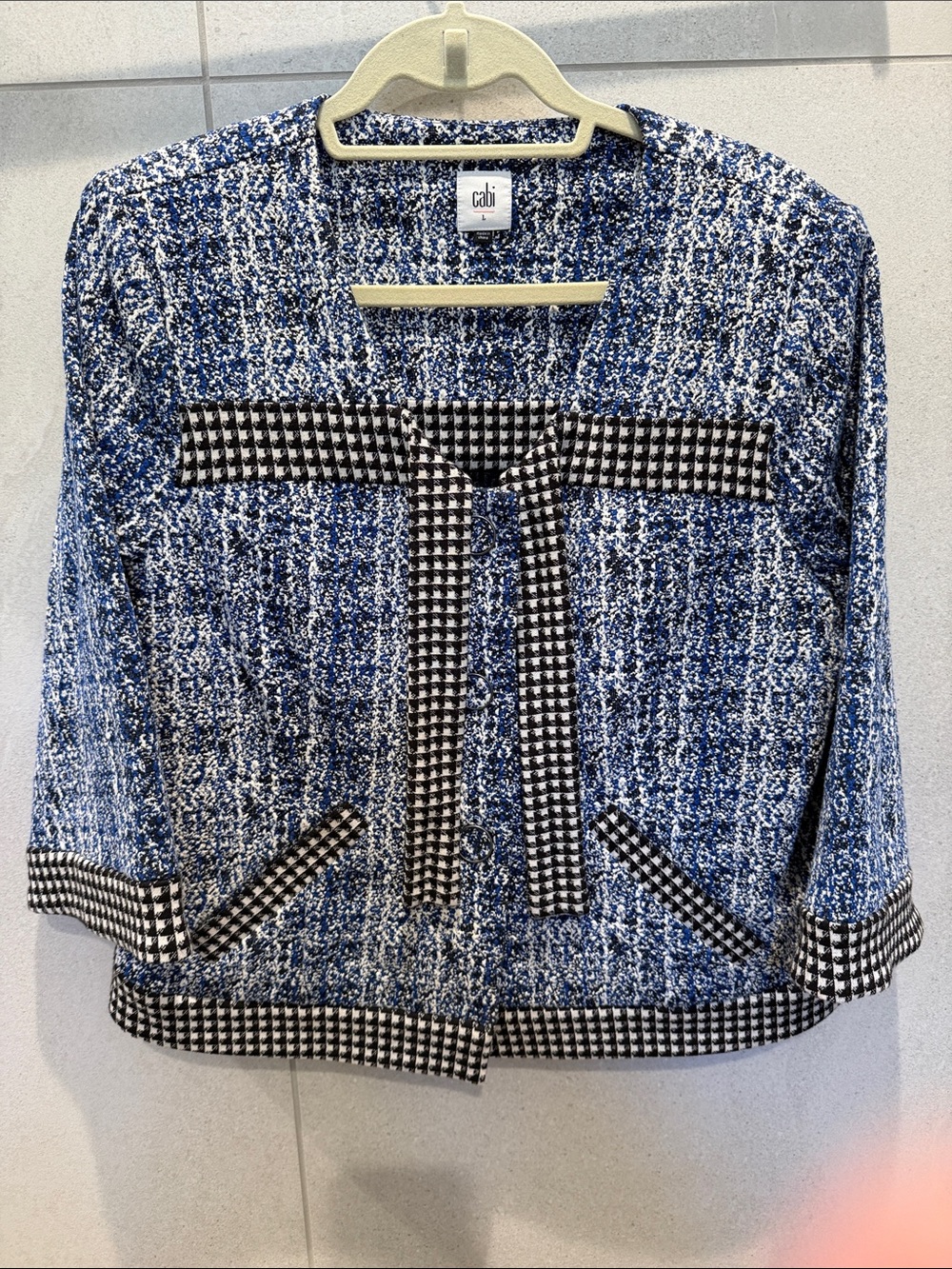 CAbi Blue and White Tweed Jacket with Houndstooth Trim
